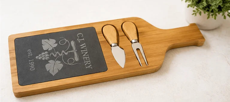 Personalized Acacia & Slate Serving Board with Two Tools