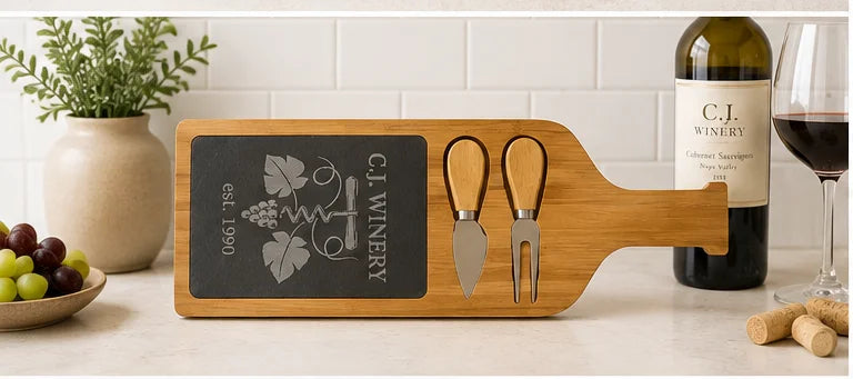 Personalized Acacia & Slate Serving Board with Two Tools
