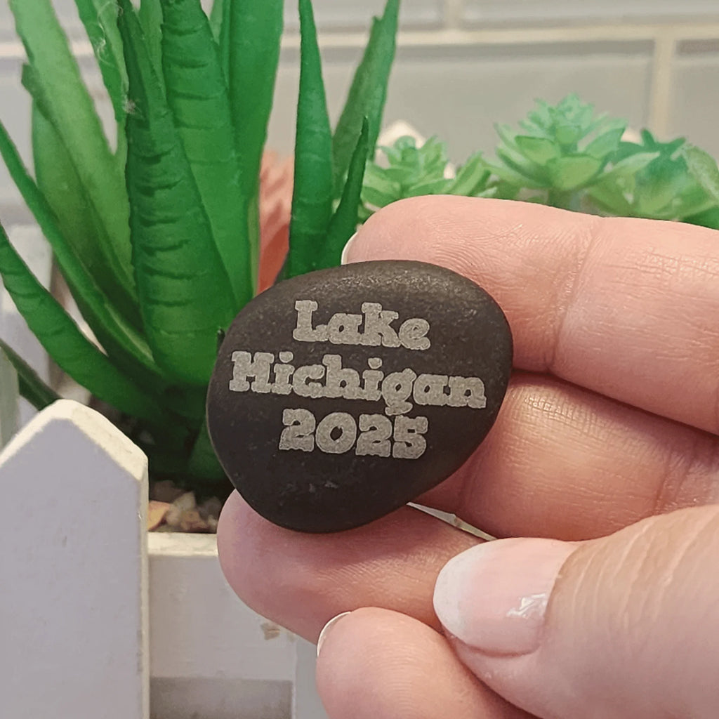 Hand holding a stone with 'Lake Michigan 2025' text against a green plant background