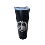 Black tumbler with a logo and text on a white background
