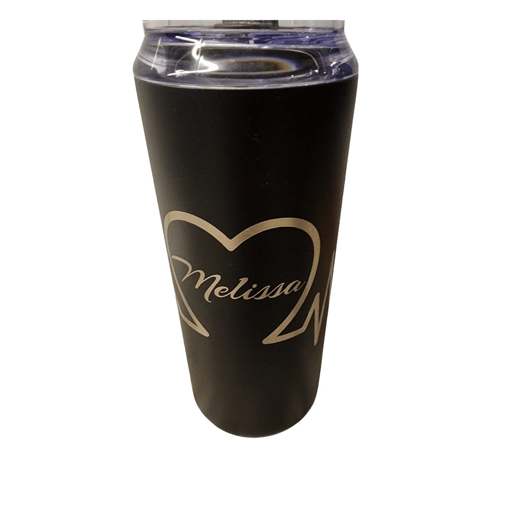 Black tumbler with 'Melissa' logo on a white background