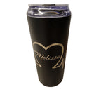 Black tumbler with 'Melissa' logo on a white background