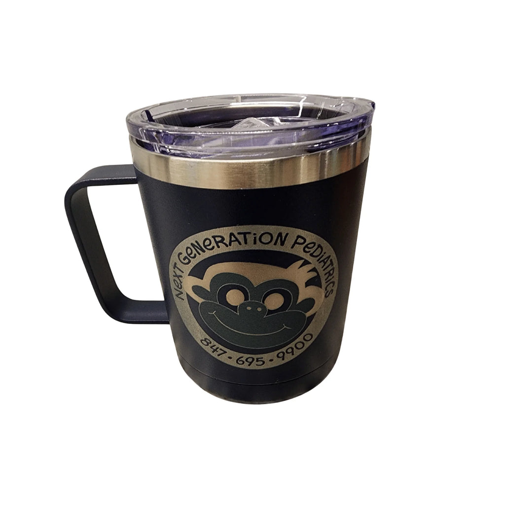 Black travel mug with a logo and text on a white background