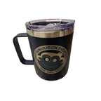 Black travel mug with a logo and text on a white background