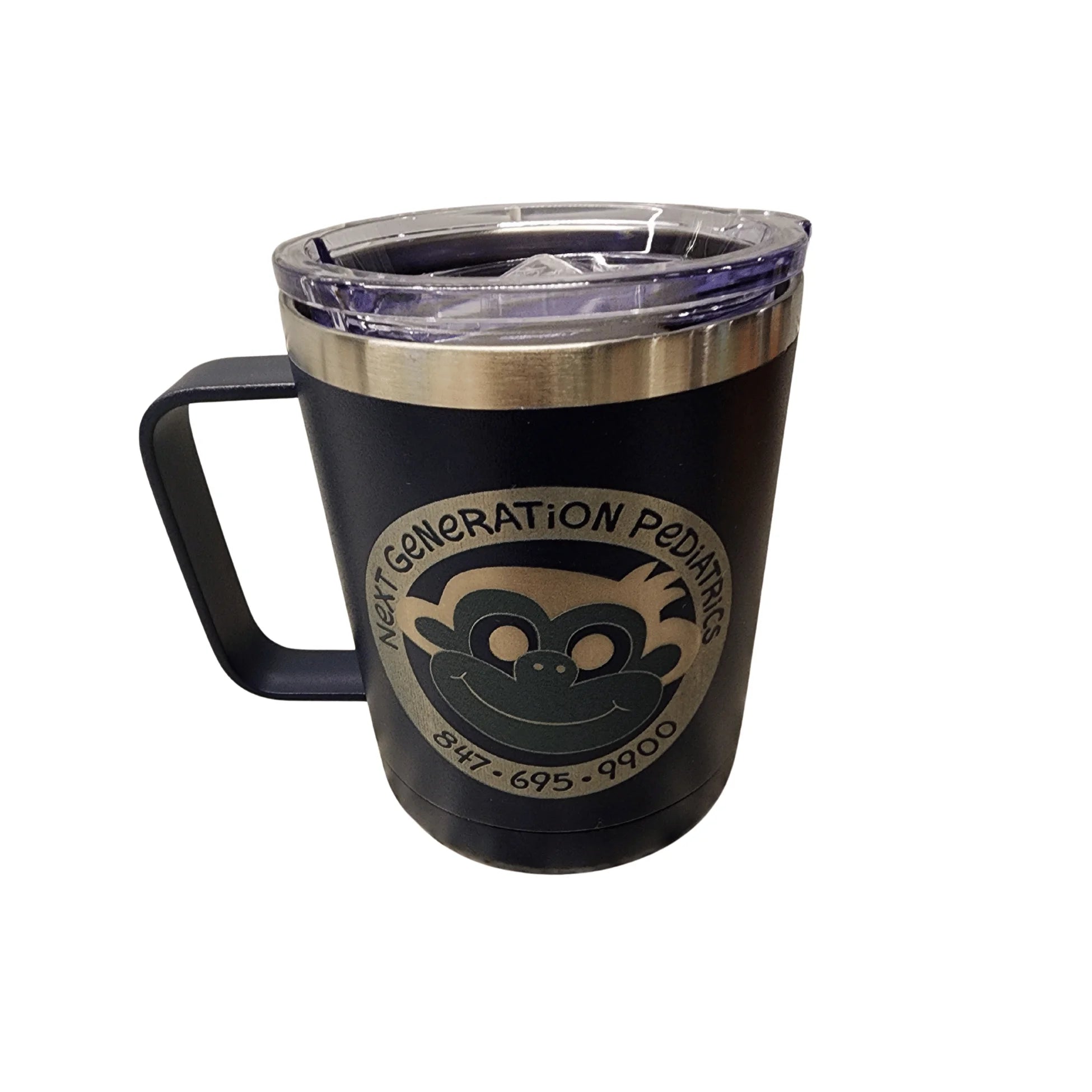 Black travel mug with a logo and text on a white background