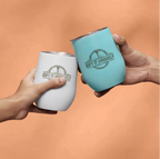 Two hands holding white and blue tumblers with a brand logo against an orange background