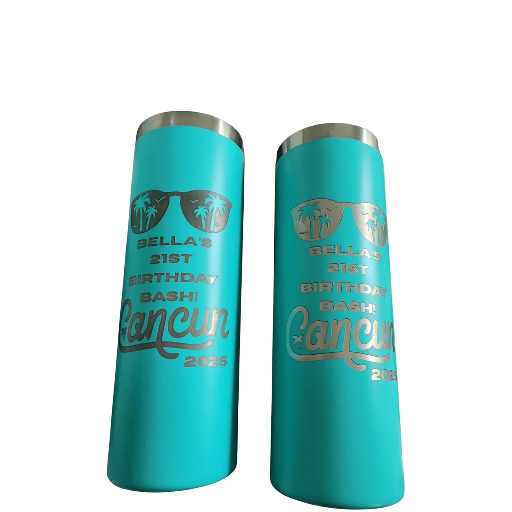 Two turquoise tumblers with sunglasses and text design on a white background