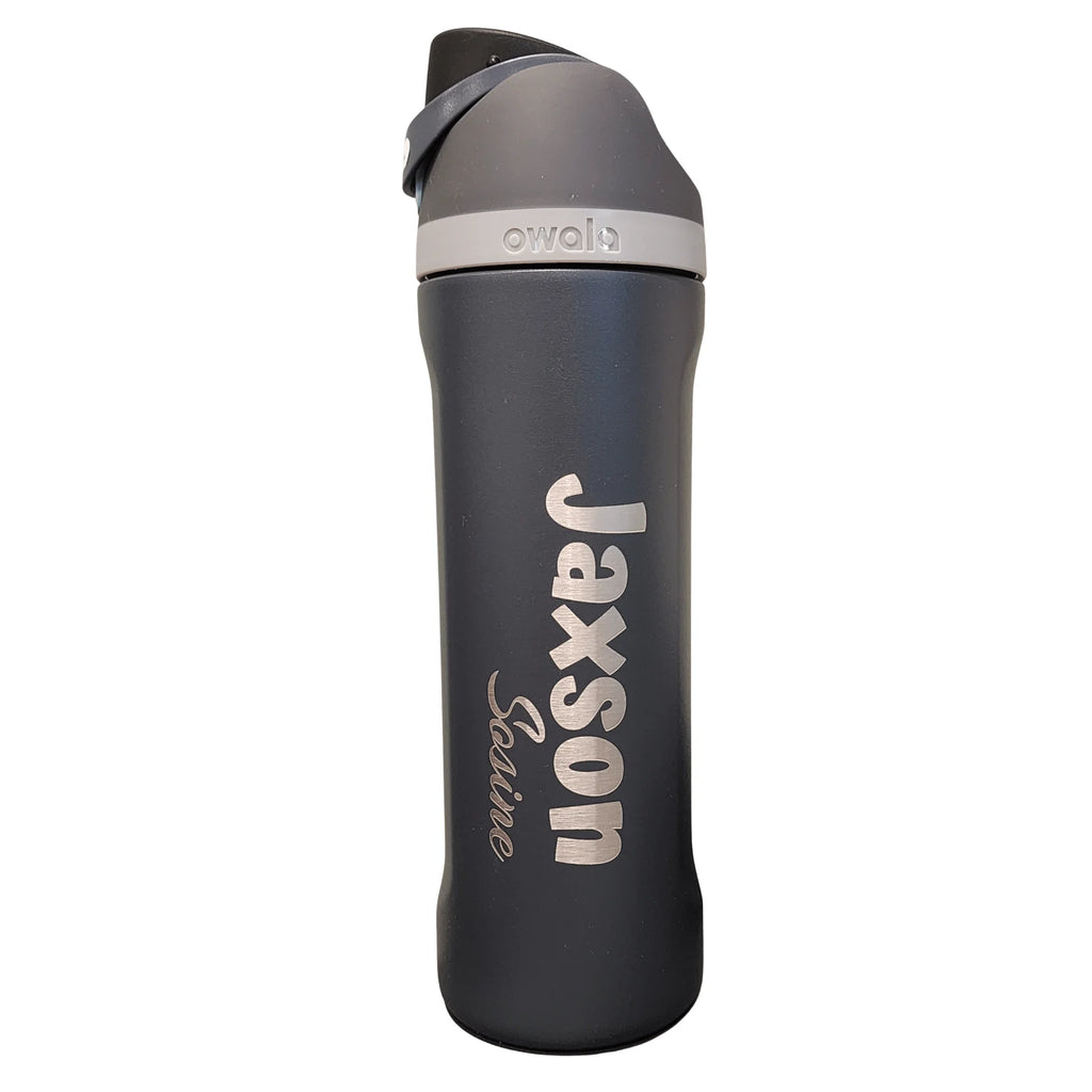 Black water bottle with 'Jaxson' branding on a white background