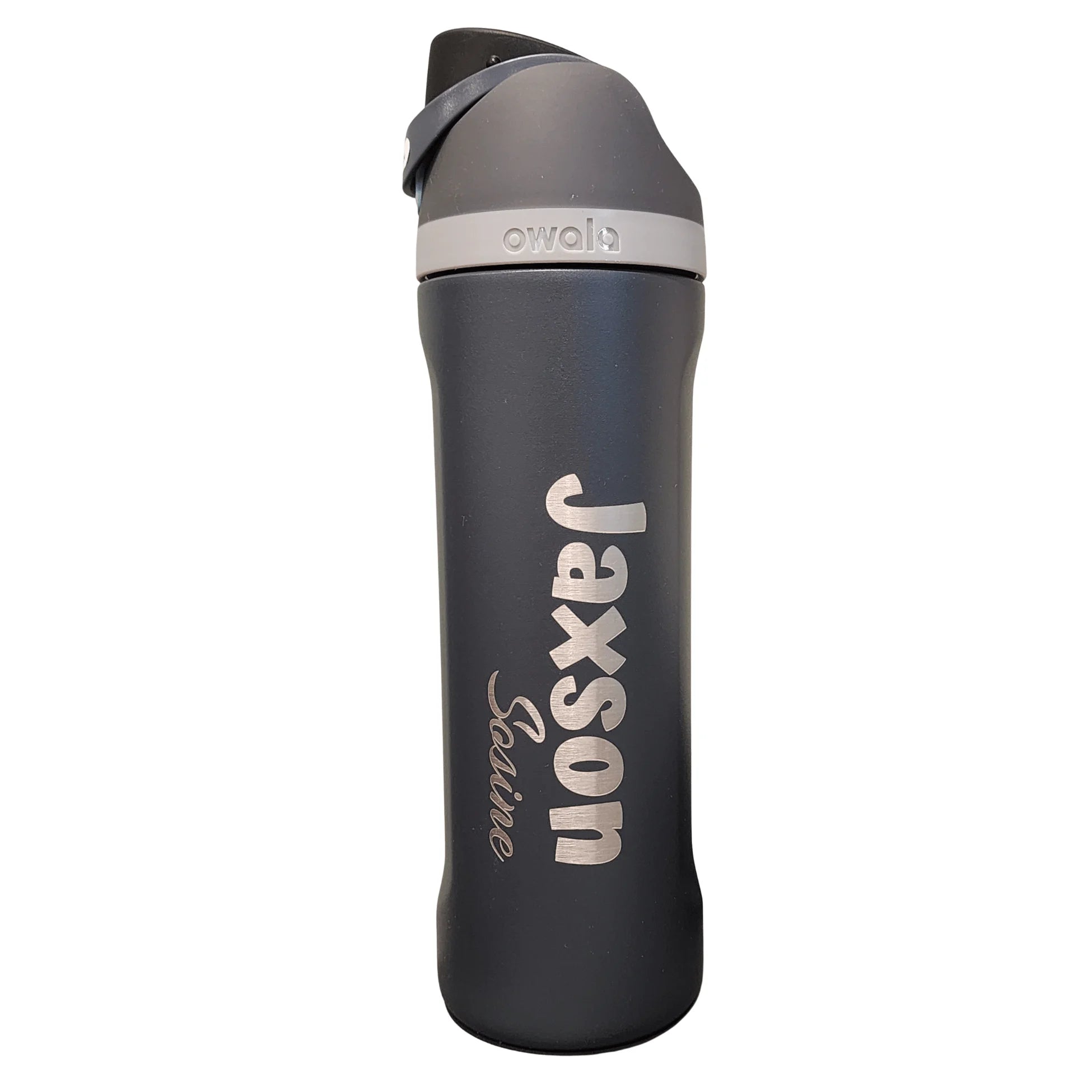 Black water bottle with 'Jaxson' branding on a white background