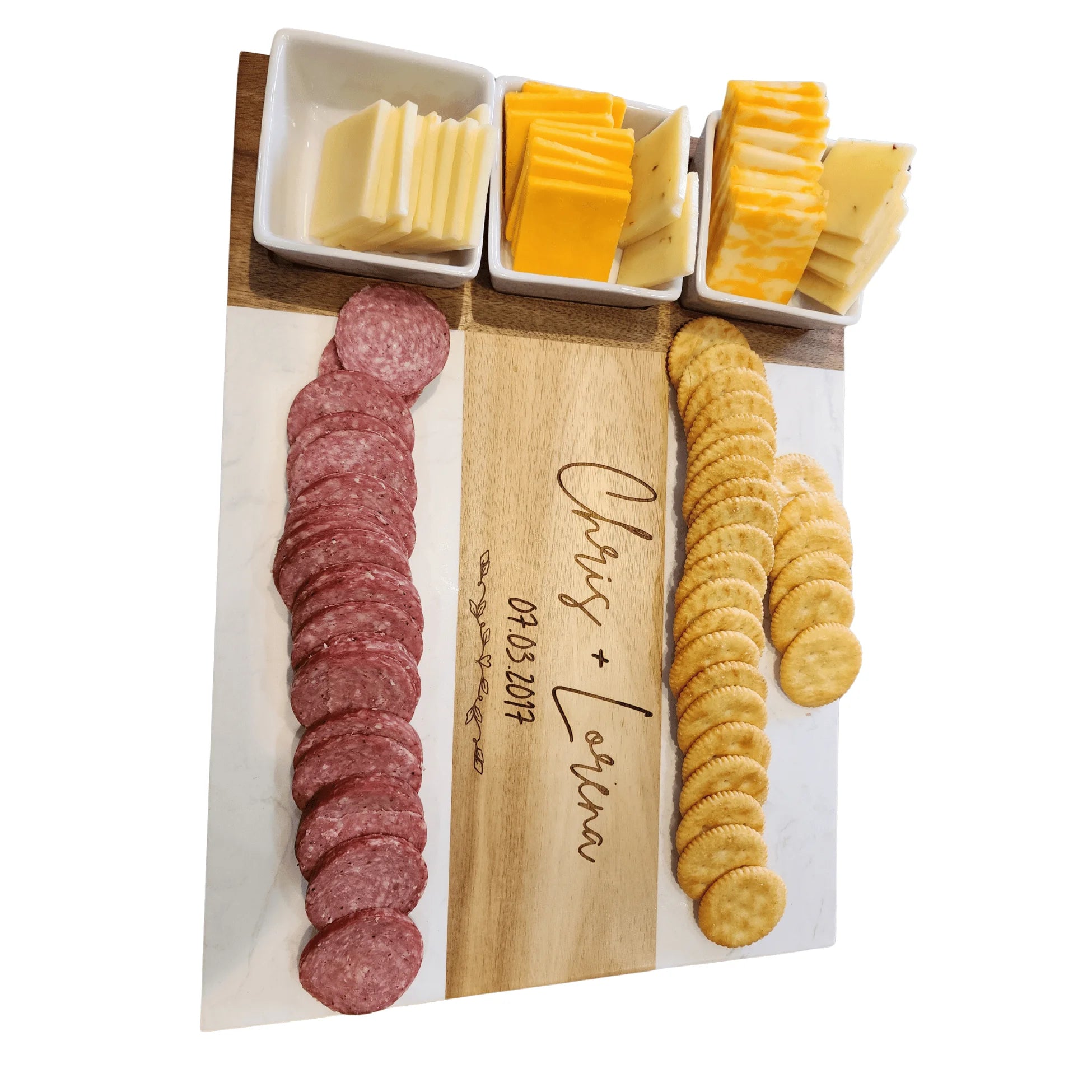 Custom Marble & Acacia Charcuterie Board with Serving Utensils and Ramekins