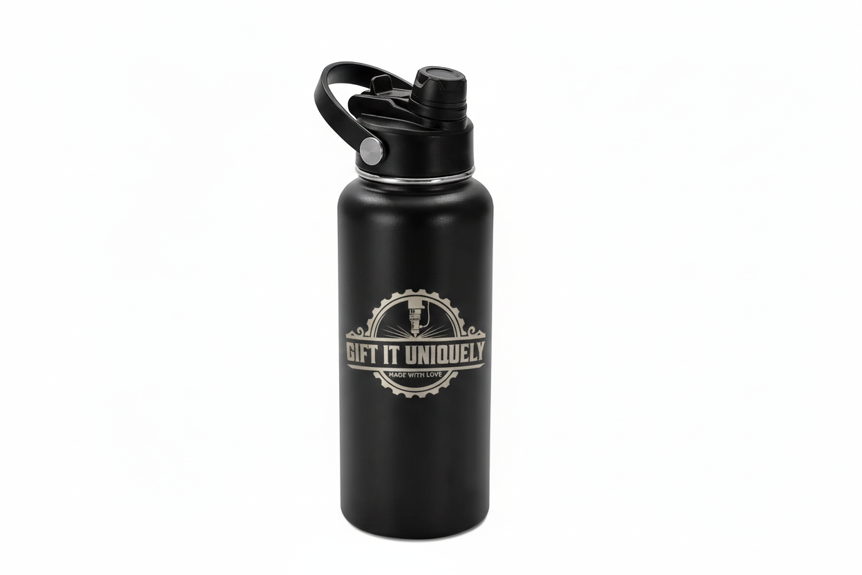 Black water bottle with a logo on a white background