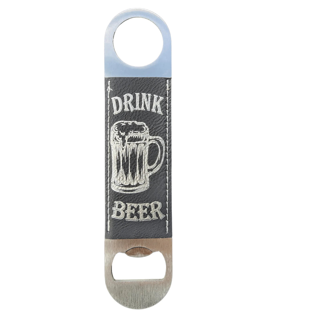 Bottle opener with 'Drink Beer' text and beer mug graphic on a white background