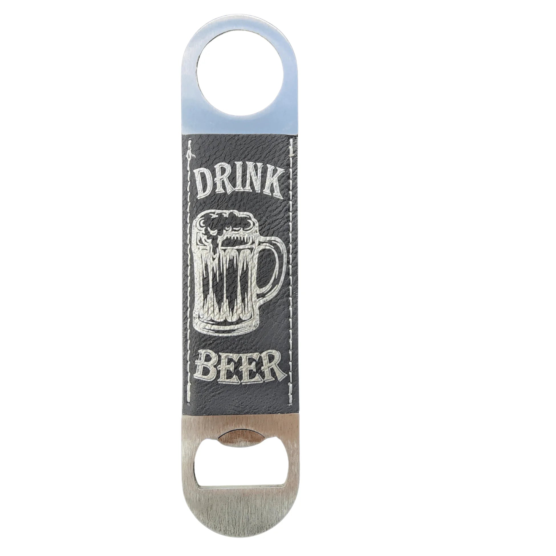 Bottle opener with 'Drink Beer' text and beer mug graphic on a white background