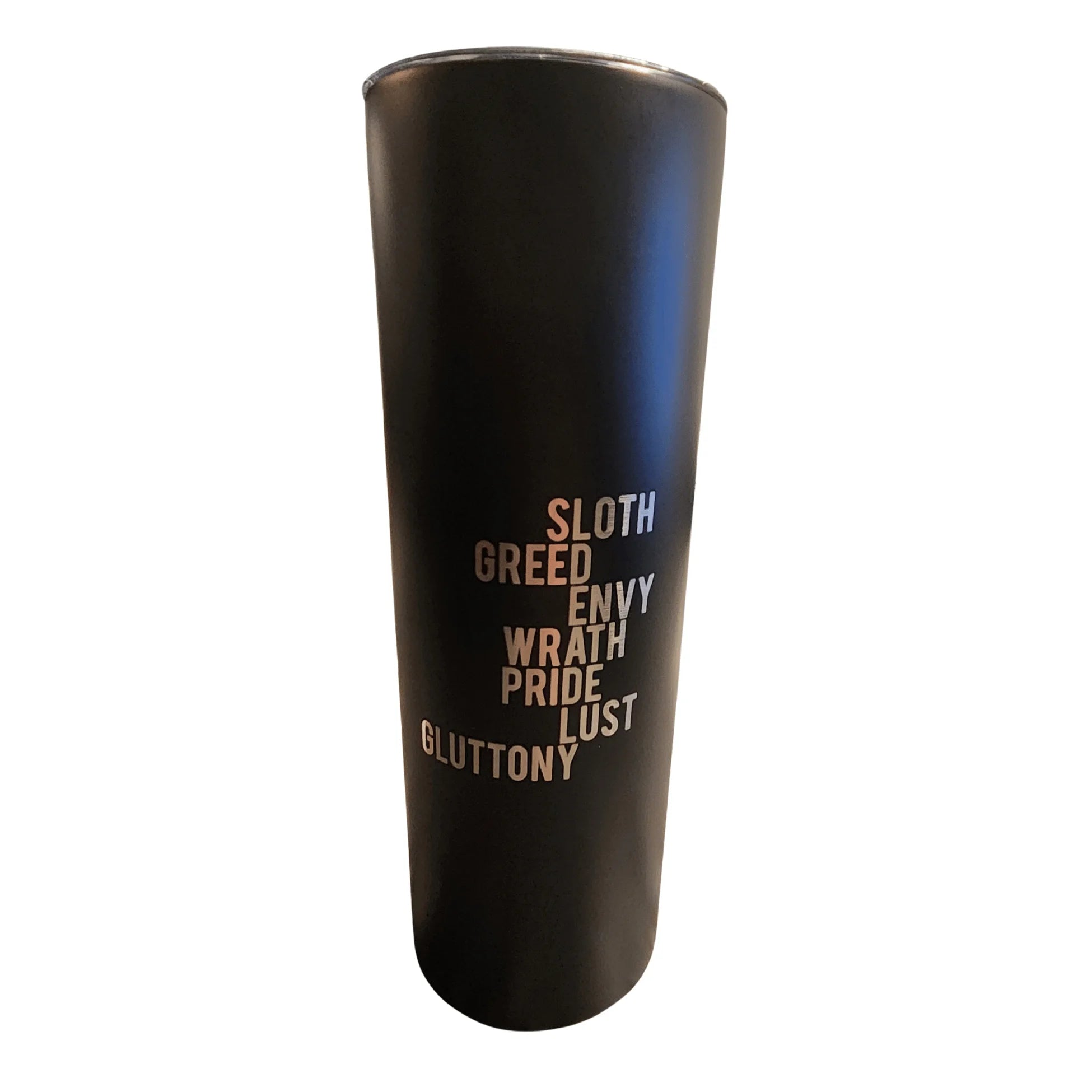 Black tumbler with motivational quote on a white background