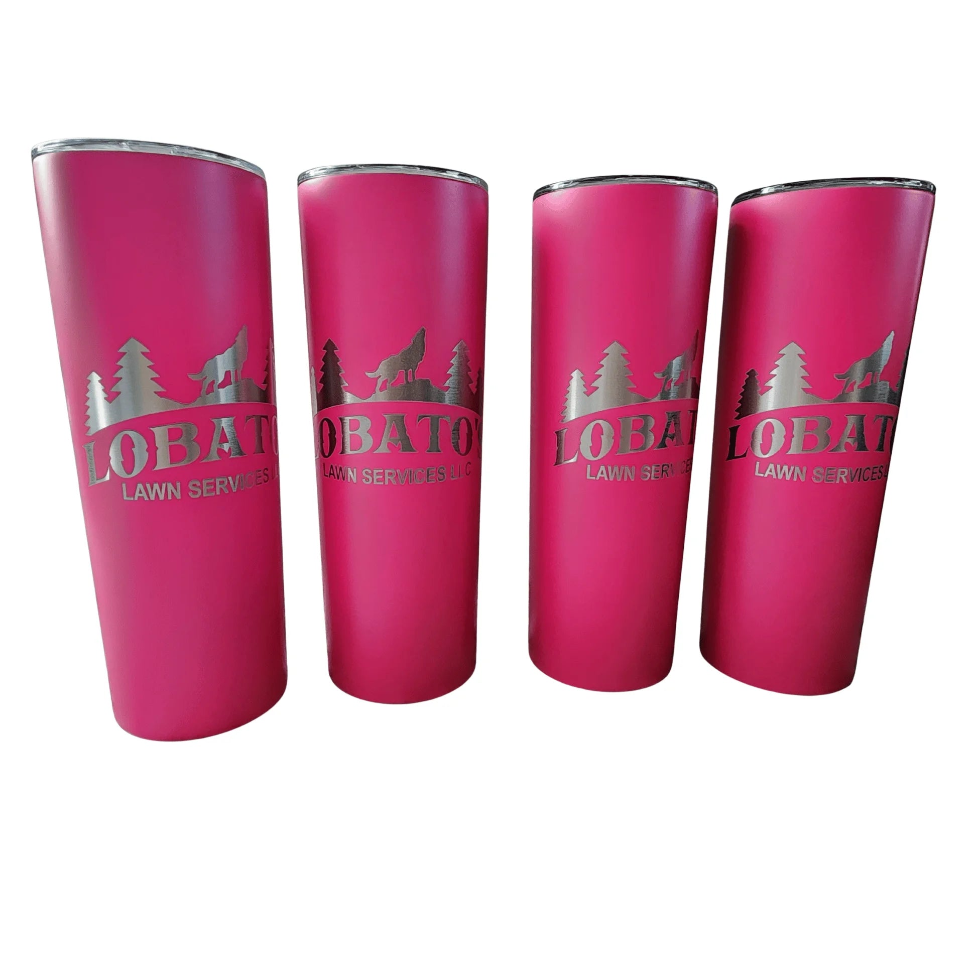 Four pink tumblers with a logo and text on a white background