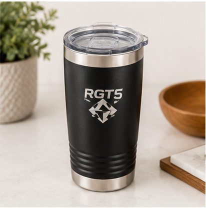 A 3x3 collage showing multiple views of a black insulated tumbler with a clear lid and a visible clear plastic straw insert. The tumbler has a white RGTS logo printed on the front.