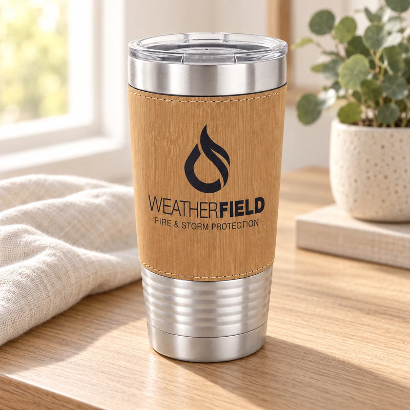 A WeatherField fire and storm protection tumbler with a natural wood wrap and stainless steel accents, sitting on a wooden table in a bright, modern room.