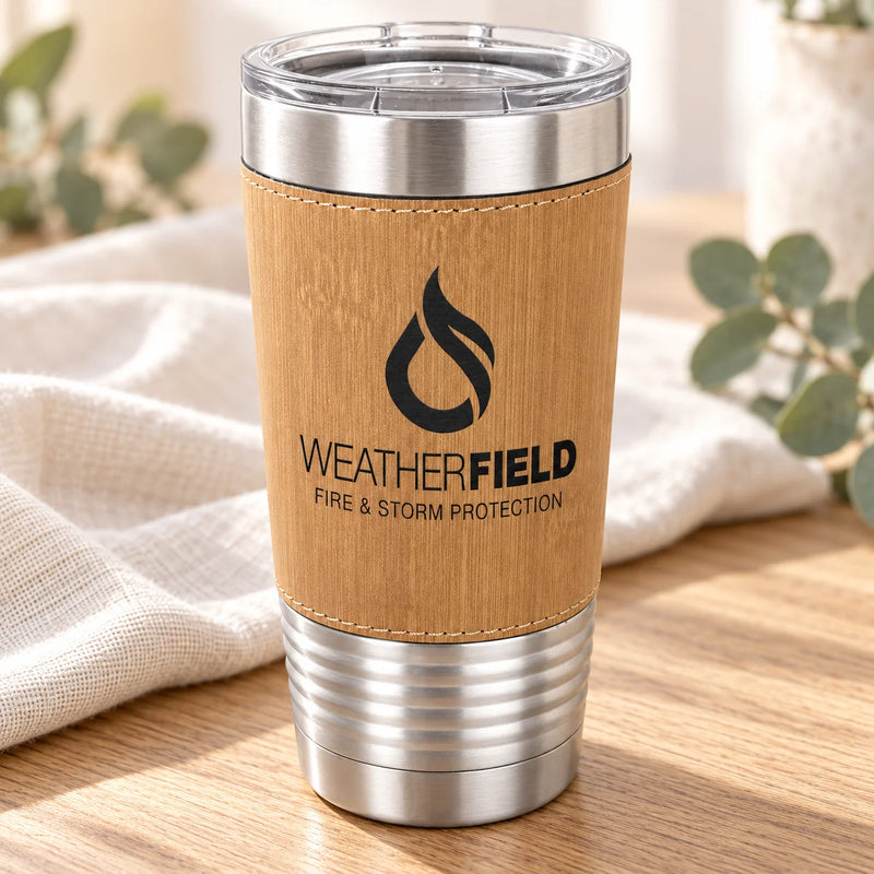 A Weatherfield fire and storm protection insulated tumbler with a bamboo-style wood-grain sleeve, stainless steel rim and base, and a clear lid, set on a wooden table with a white cloth and green leaves in the background.