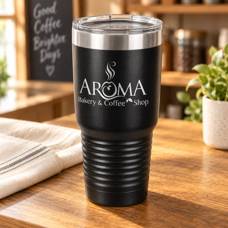 A black insulated tumbler with a clear lid sits on a wooden table in a bakery/coffee shop setting. The tumbler is printed with the words 'AROMA Bakery & Coffee Shop' in white.