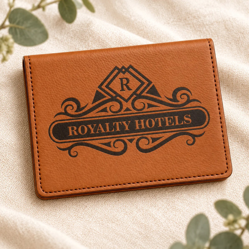 A brown faux-leather wallet or card holder with an embossed black 'ROYALTY HOTELS' logo, resting on a beige fabric background with soft green leaves in the corners.