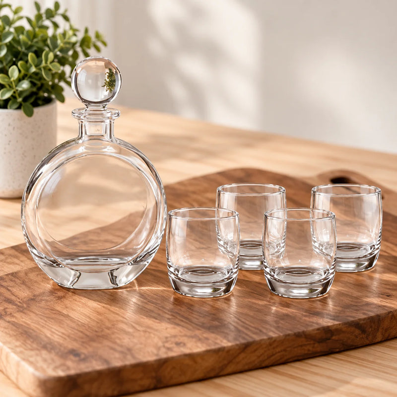 A clear glass decanter with a round stopper and four matching small clear glasses arranged on a wooden serving board, with a potted plant in the background.