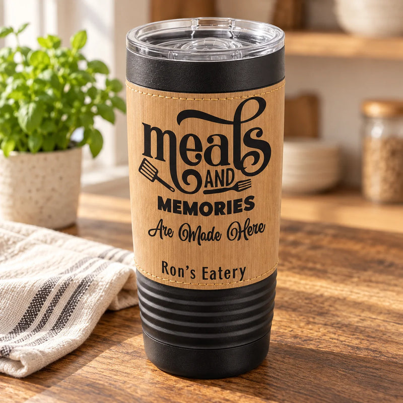 A personalized insulated tumbler with a clear lid sits on a wooden table in a kitchen setting. The tumbler has a natural wood-look center panel with black text reading 'meals AND MEMORIES Are Made Here' and 'Ron's Eatery,' plus black rim and base sections.