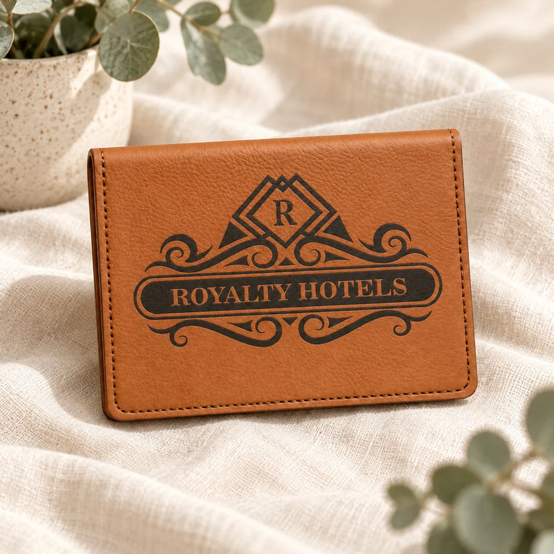 A tan leather card holder or wallet with an embossed black Royalty Hotels monogram design, resting on a beige linen fabric with eucalyptus leaves in the background.