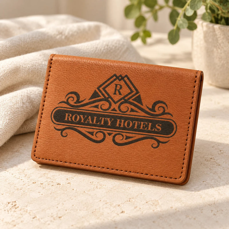 A tan leather card holder wallet with an embossed black 'ROYALTY HOTELS' logo, resting on a textured beige stone surface next to a draped white linen cloth and a potted plant.