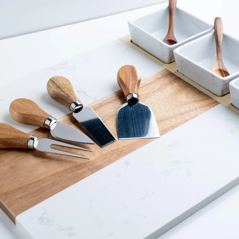 Custom Marble & Acacia Charcuterie Board with Serving Utensils and Ramekins