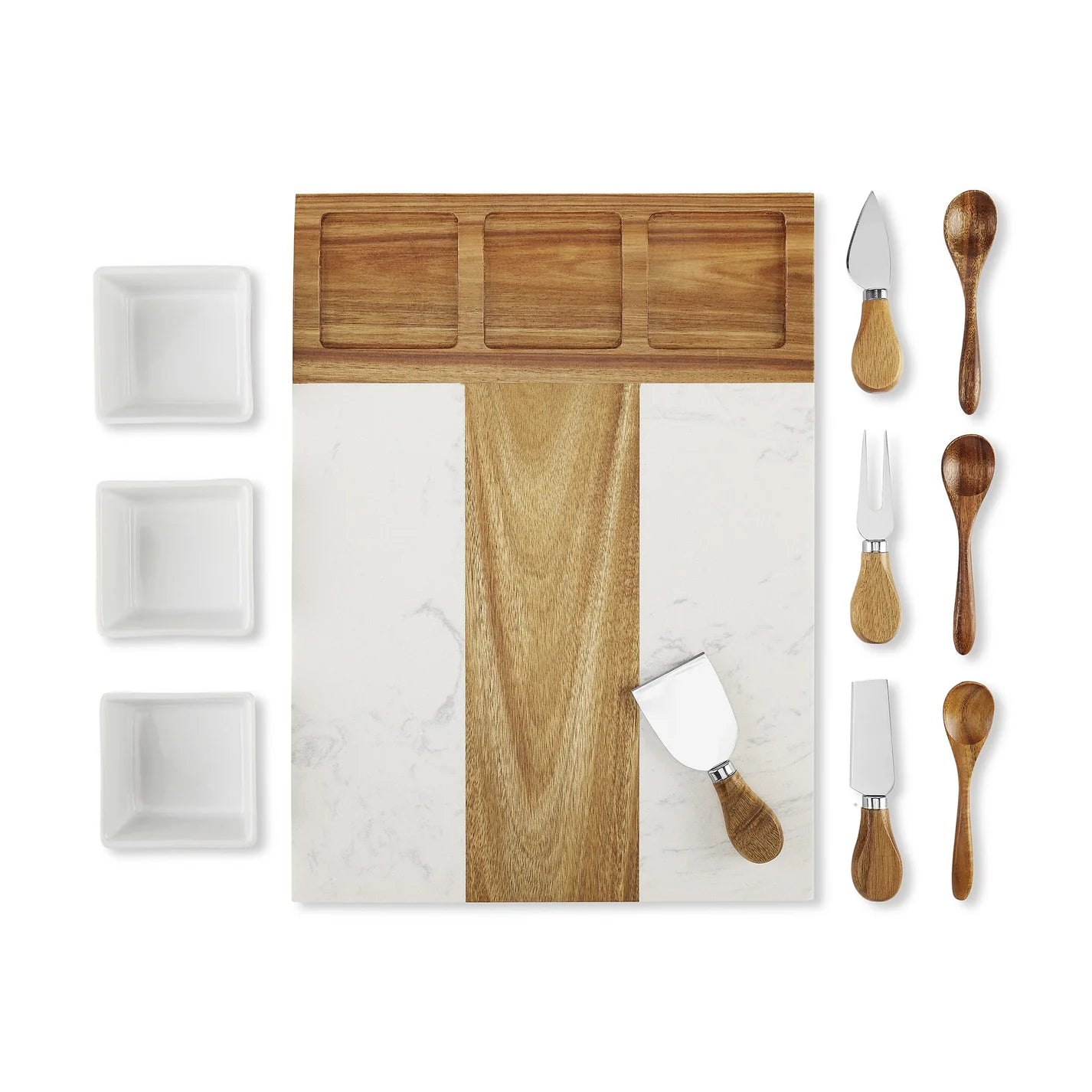 Custom Marble & Acacia Charcuterie Board with Serving Utensils and Ramekins