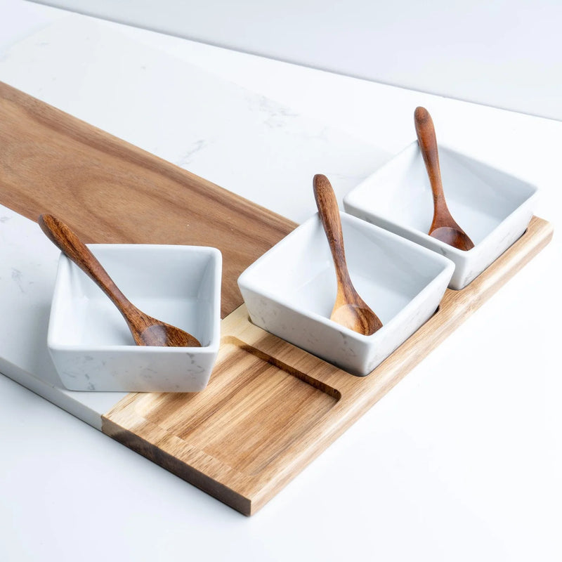 Custom Marble & Acacia Charcuterie Board with Serving Utensils and Ramekins