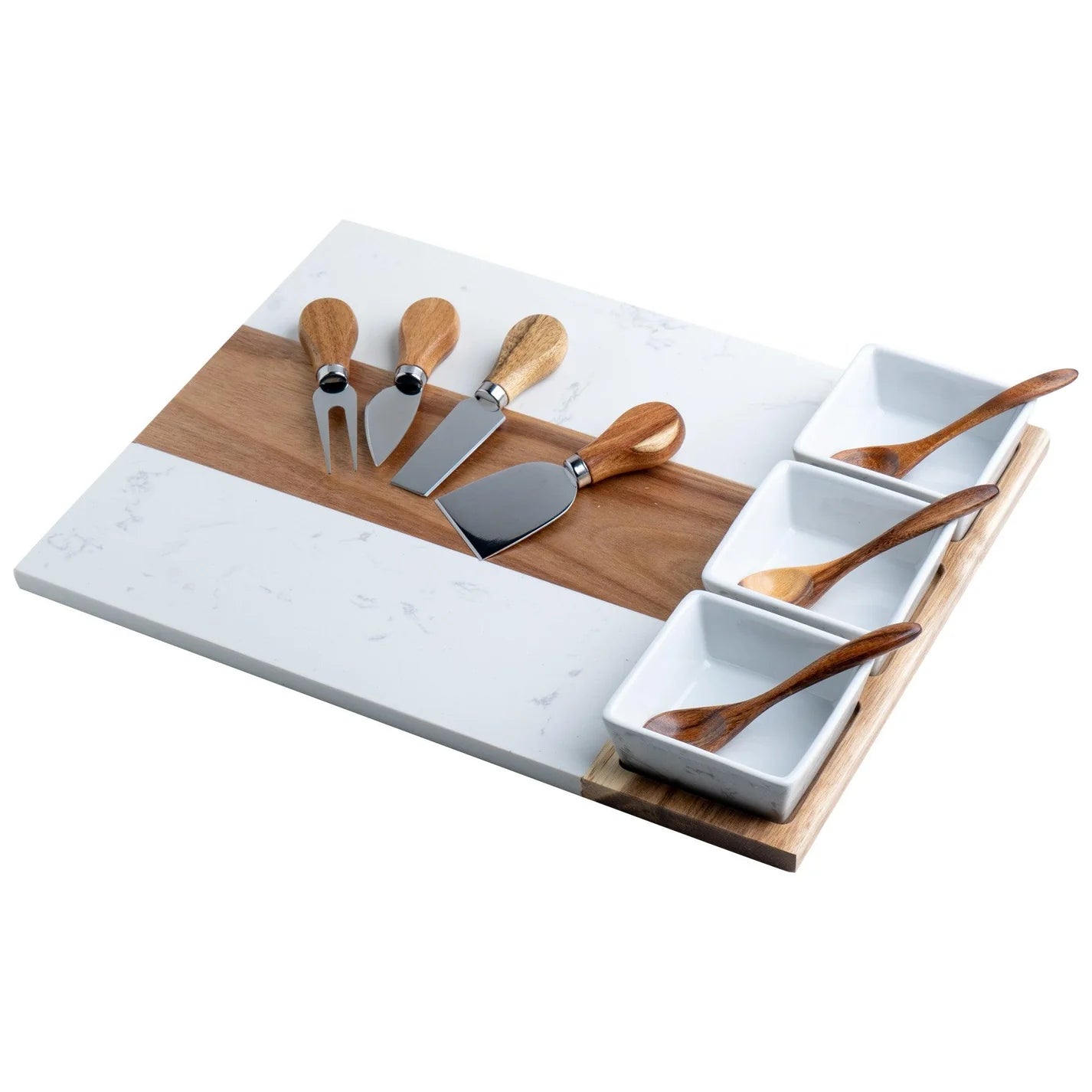 Custom Marble & Acacia Charcuterie Board with Serving Utensils and Ramekins