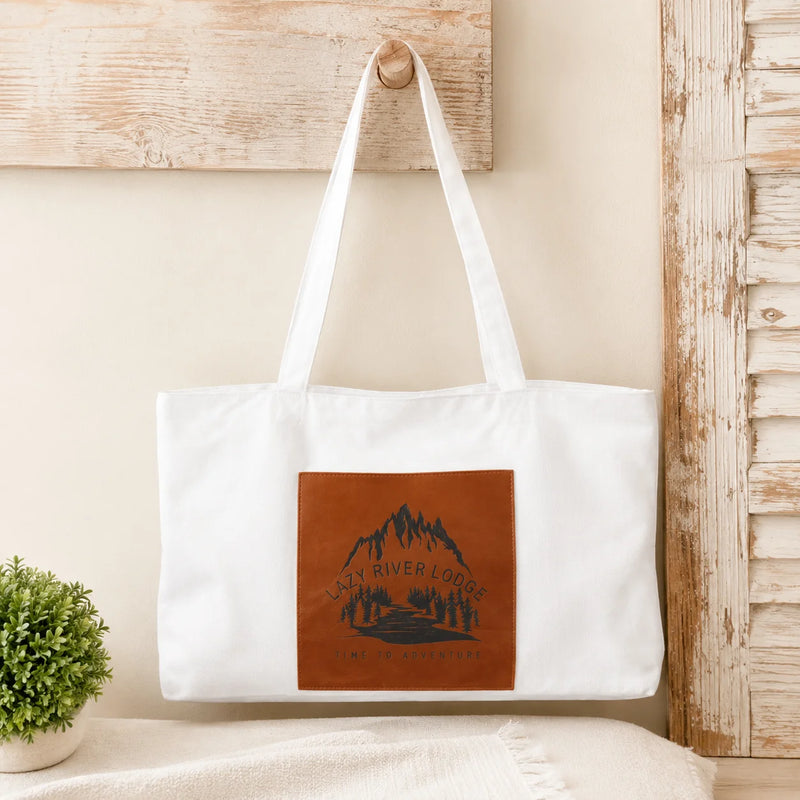 Personalized White Tote with Rawhide Leatherette Gusset