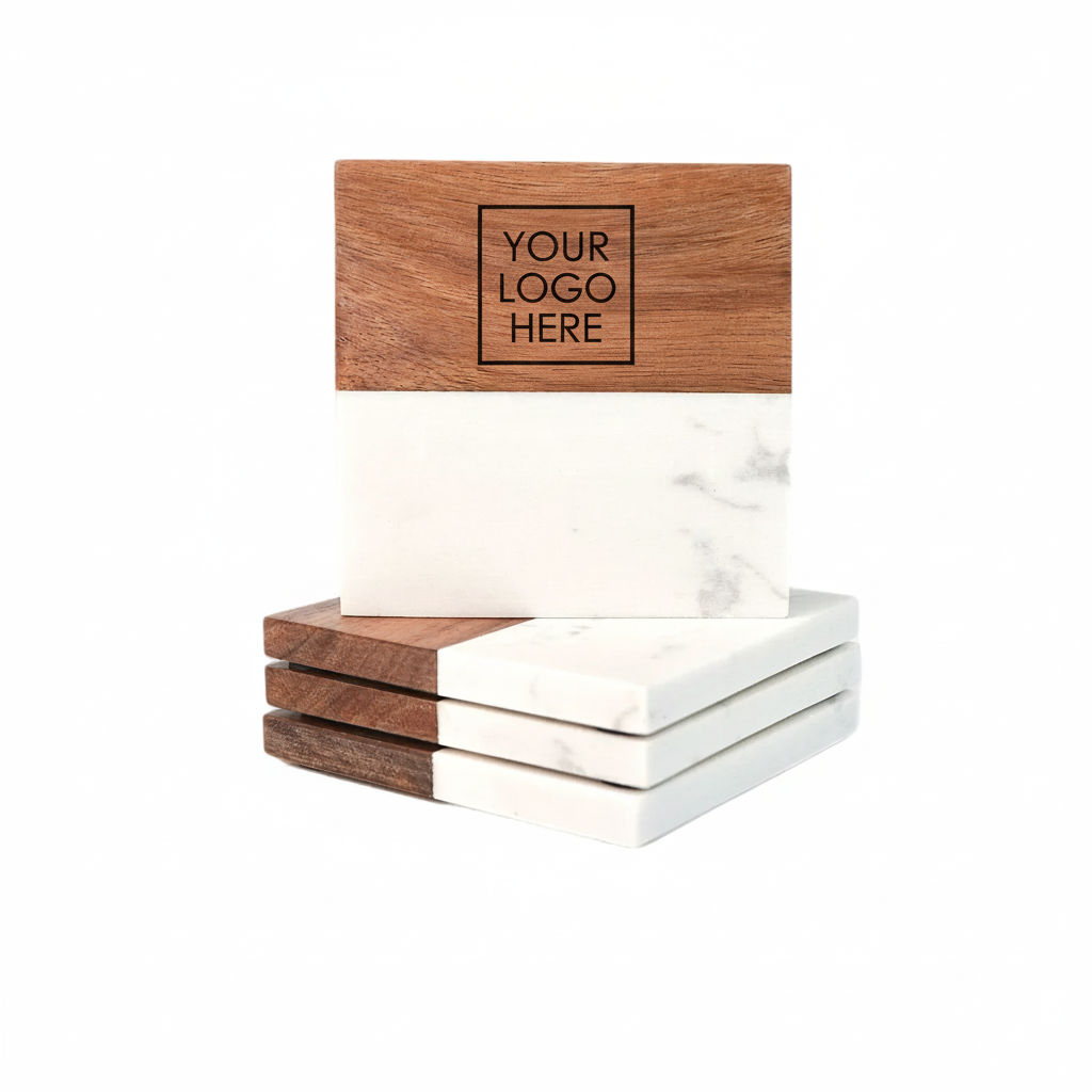 Personalized Marble and Wood Coaster Set