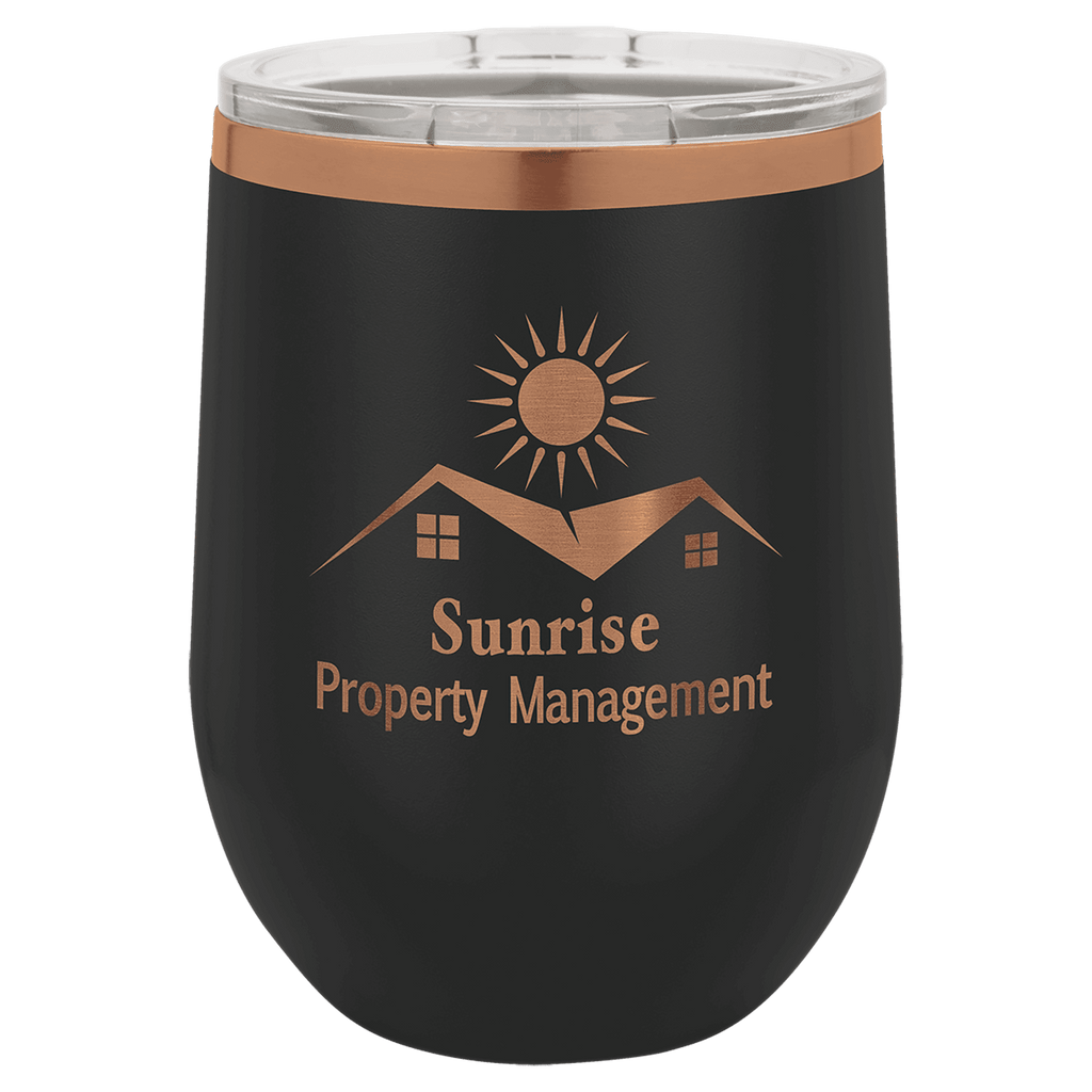 Personalized 12 oz Polar Camel Stemless Wine Tumbler in Black/Rose Gold