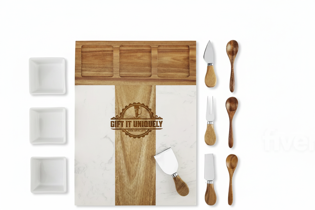 Custom Marble & Acacia Charcuterie Board with Serving Utensils and Ramekins