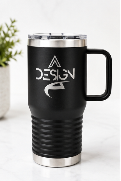 Six-panel collage showing a black insulated travel mug with a handle, clear lid, and silver logo printed on the front. The mug is shown from multiple angles, including full body views, a close-up of the logo, the lid removed, and one mug on a workbench with tools in the background.