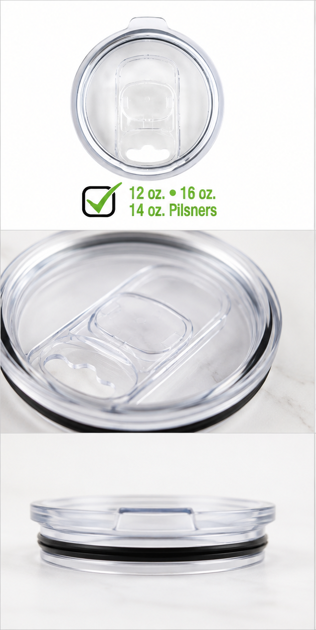 Six-panel collage showing a clear plastic travel tumbler lid with a stainless steel rim and black rubber gasket, displayed on a light marble-like background. One panel includes green text noting 12 oz / 16 oz and 14 oz.