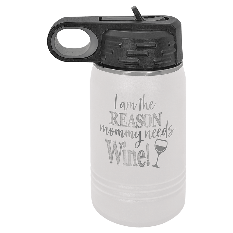 White tumbler with black lid featuring humorous text and a wine glass graphic on a green background.