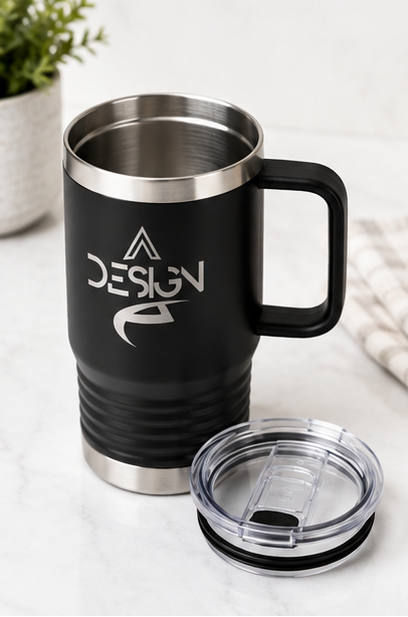 Six-panel collage showing a black insulated travel mug with a handle, clear lid, and silver logo printed on the front. The mug is shown from multiple angles, including full body views, a close-up of the logo, the lid removed, and one mug on a workbench with tools in the background.