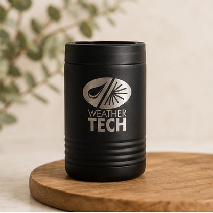 A 3x3 collage showing a matte black insulated tumbler from multiple angles, with a silver can sometimes beside it. The tumbler has a white printed logo and the words 'WELLNESS TECH.