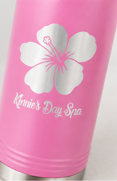 Six-panel collage showing a pink insulated water bottle from multiple angles. The bottle has a black flip-top lid, a silver hibiscus flower graphic, and the text 'Kier's Day Spa' printed near the bottom.