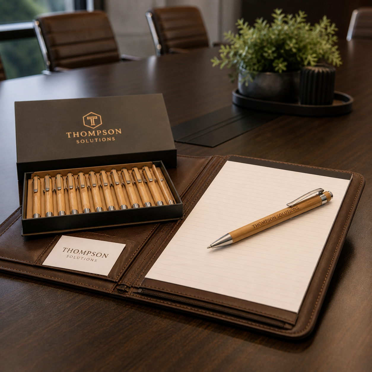 bamboo pen on padfolio ready to write note next to gift box of pens showing the company name on packaging
