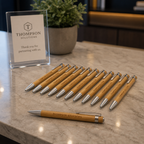 bamboo pens engraved on reception counter ready for customers