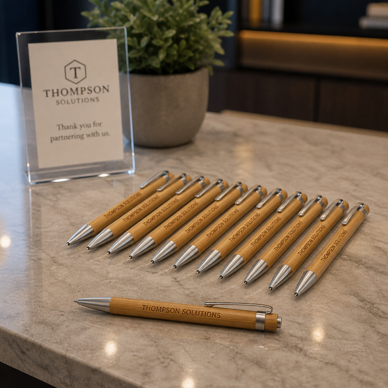 bamboo pens engraved on reception counter ready for customers