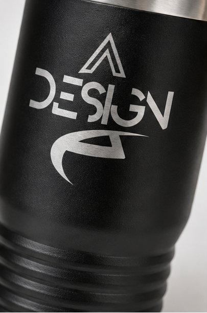 Six-panel collage showing a black insulated travel mug with a handle, clear lid, and silver logo printed on the front. The mug is shown from multiple angles, including full body views, a close-up of the logo, the lid removed, and one mug on a workbench with tools in the background.