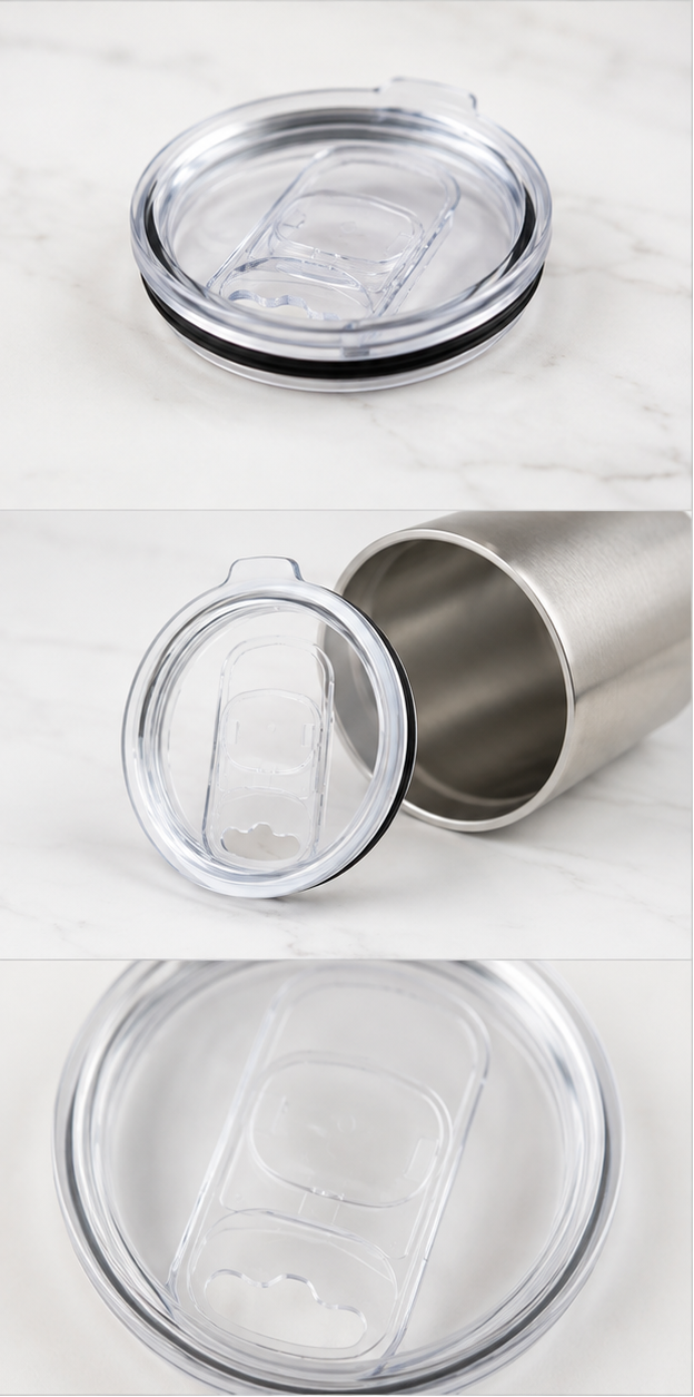 Six-panel collage showing a clear plastic travel tumbler lid with a stainless steel rim and black rubber gasket, displayed on a light marble-like background. One panel includes green text noting 12 oz / 16 oz and 14 oz.