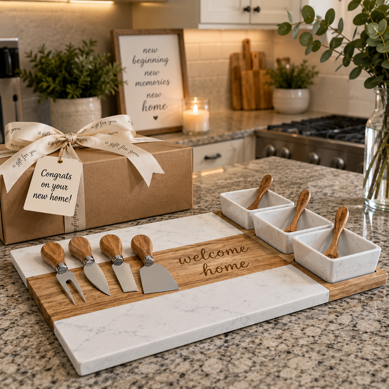 Custom Marble & Acacia Charcuterie Board with Serving Utensils and Ramekins