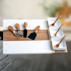 Custom Marble & Acacia Charcuterie Board with Serving Utensils and Ramekins