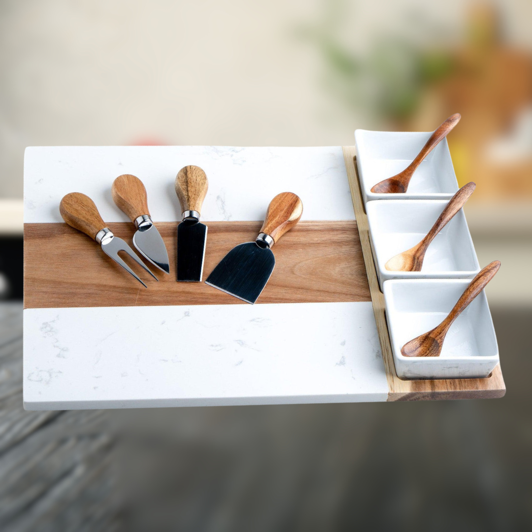 Custom Marble & Acacia Charcuterie Board with Serving Utensils and Ramekins